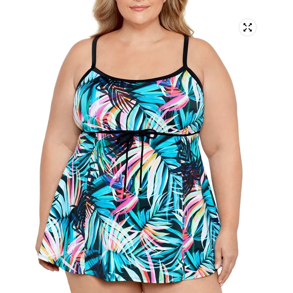 Swim Solutions Swim Dress 24W Multi Tropical Palm Tummy Control Vacation